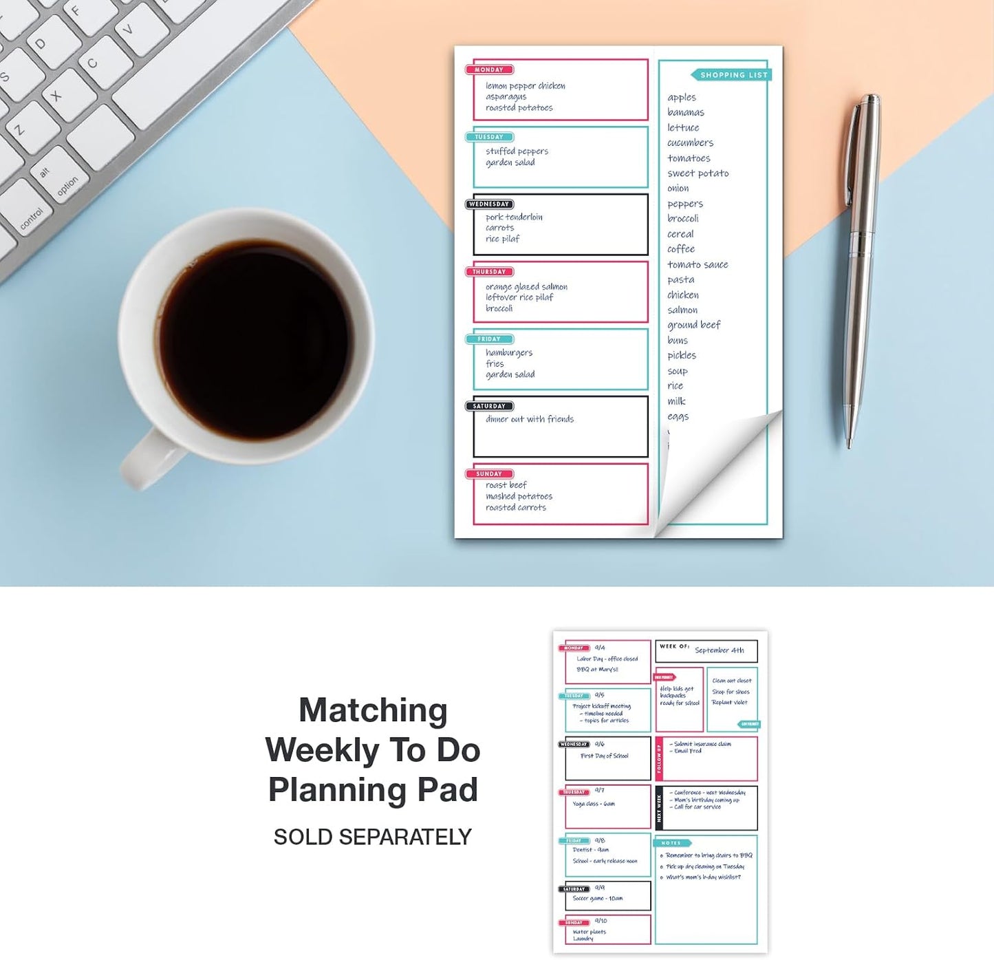 Global Printed Products 8.5" x 11" Horizontal Meal Planning Pad, 60-Sheets, Soft Pink Floral