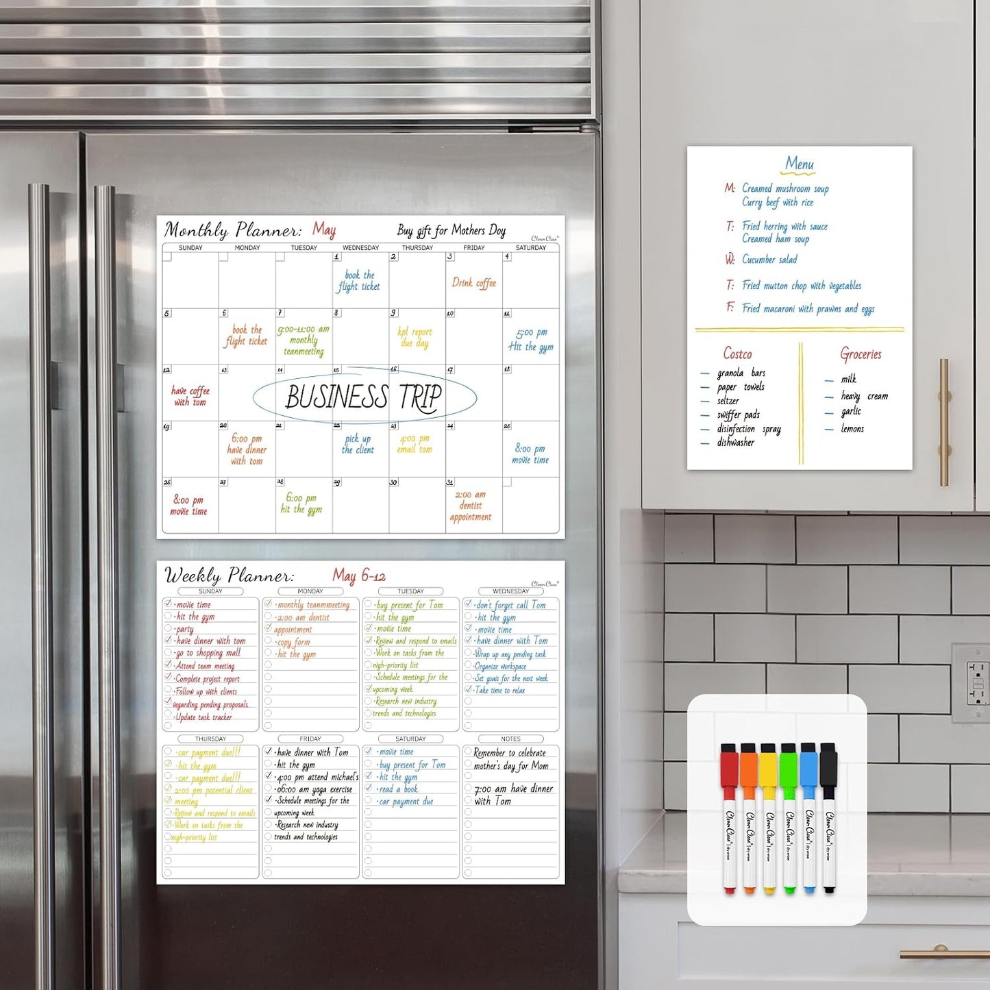 Non-Magnetic Dry Erase List for Fridge - Reusable 8"x11.5" List and Weekly Planning Board Stick to Most Smooth Surfaces - 3 Dry Erase Markers Included