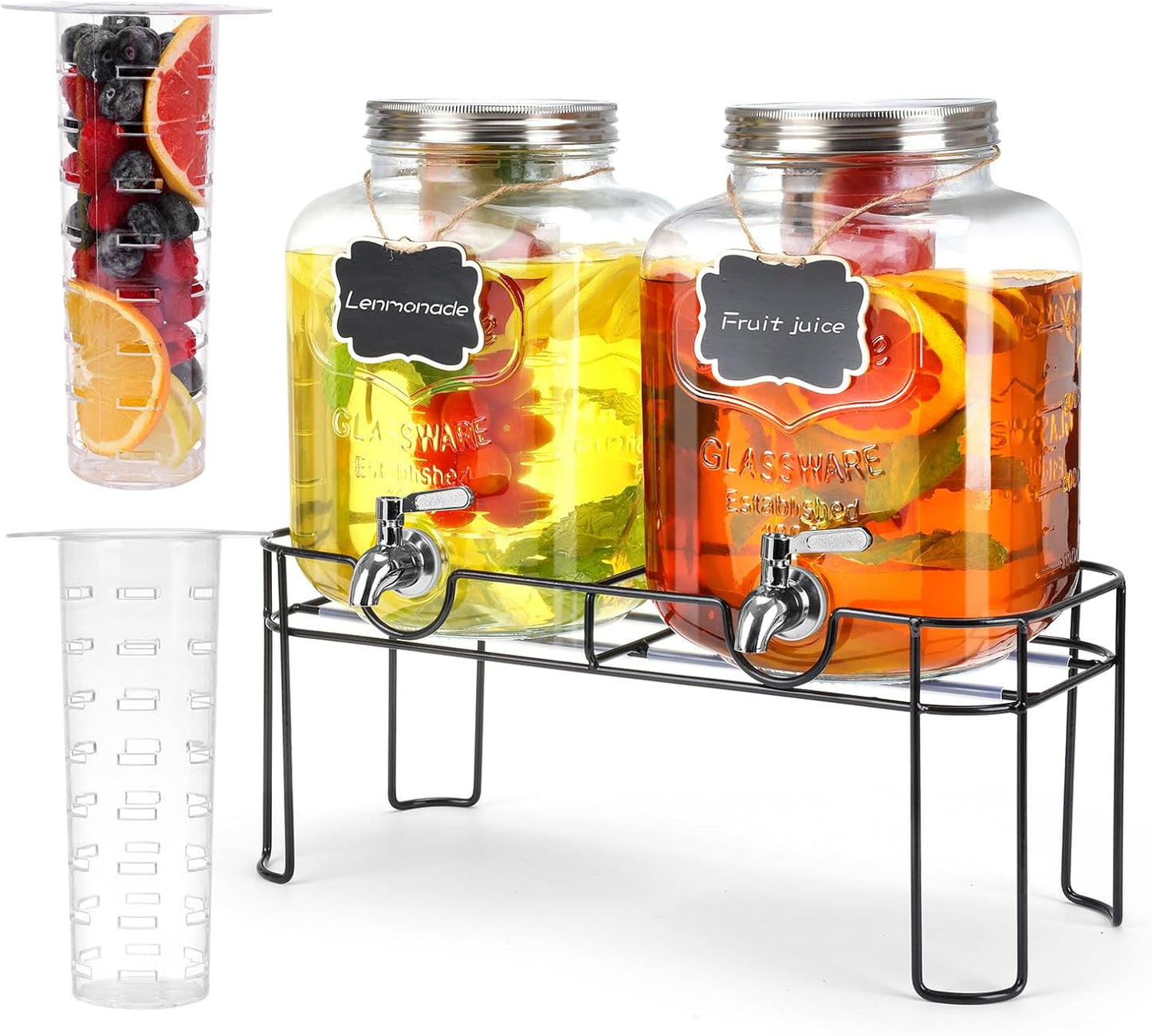 1.6 gallon Glass Beverage Dispenser with Stand, 2PACK Lemonade Dispenser with Spigot Stainless Steel, Drink Dispensers for Parties,Picnic,Weddings(Golden)