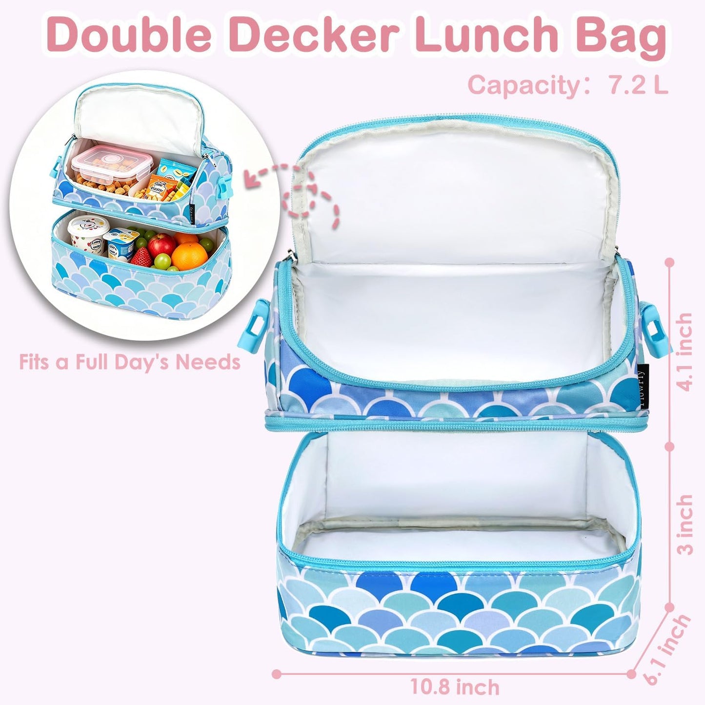FlowFly Kids Double Decker Cooler Insulated Lunch Bag Large Tote for Boys, Girls, Men, Women, With Adjustable Strap, Unicorn