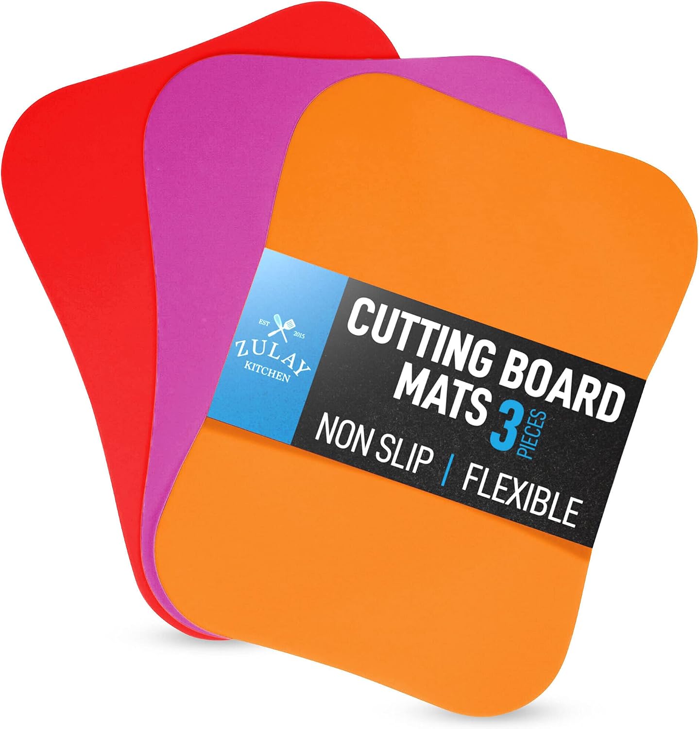 Zulay Kitchen Non-Slip Flexible Cutting Board Set - Dishwasher Friendly Cutting Mats For Cooking - Thick & Durable Flexible Cutting Mats - Non-Porous Cutting Board Mat Set of 3