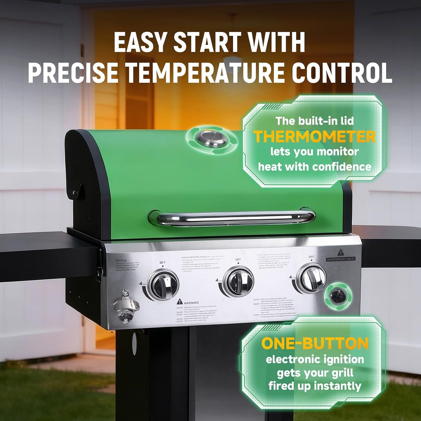 Redlife 3 Burner Propane Gas Grill, 30,000 BTU Outdoor BBQ Grill with Cast Iron Cooking Grates, Stainless Steel Warming Rack, Built-in Thermometer, Side Shelves, Removable Grease Tray, Yellow