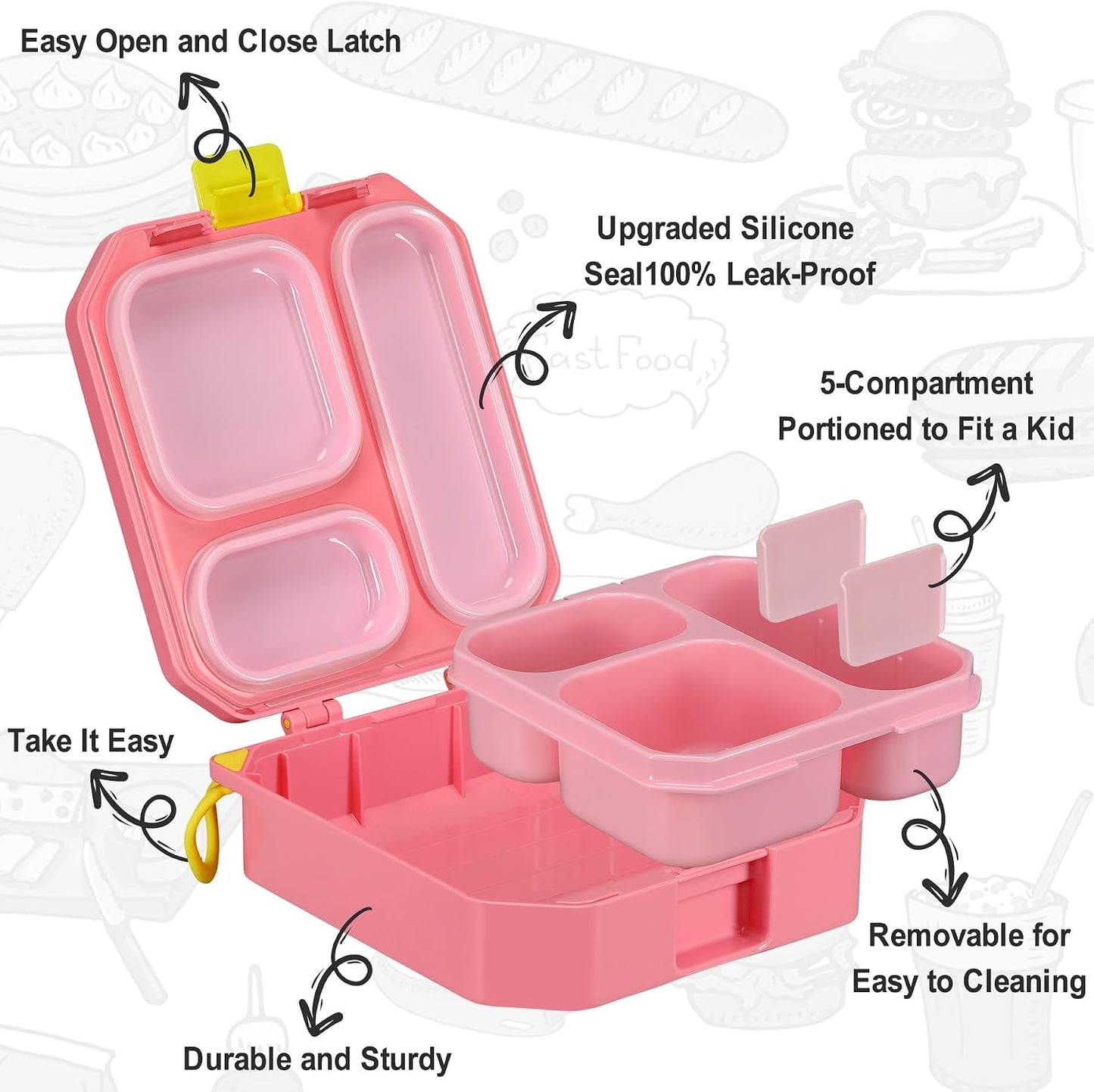 Itslife Bento Lunch Box Set for Kids with 12oz Soup Thermo&Lunch Bag, Leak-Proof Lunch Food Containers for Kids School, 5 Compartment, Sauce Cup, 10 Notes (Dinosaurs Black)