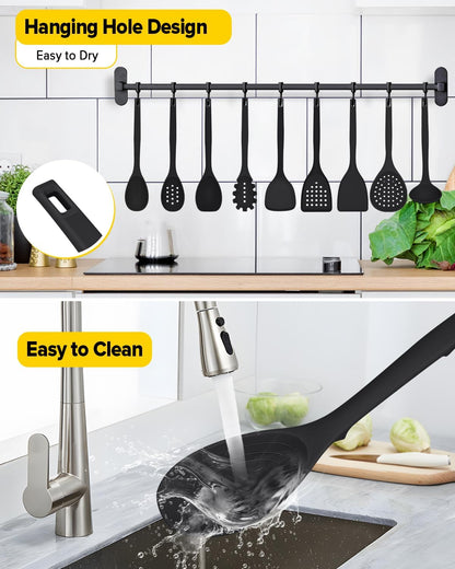Silicone Cooking Utensils Set, 9 Pcs Heat Resistant Kitchen Utensils with Back Hooks, BPA Free Kitchen Tools with Spatulas, Spoons, Skimmer and Pasta Fork for Non Stick Cookware(KHAKI)
