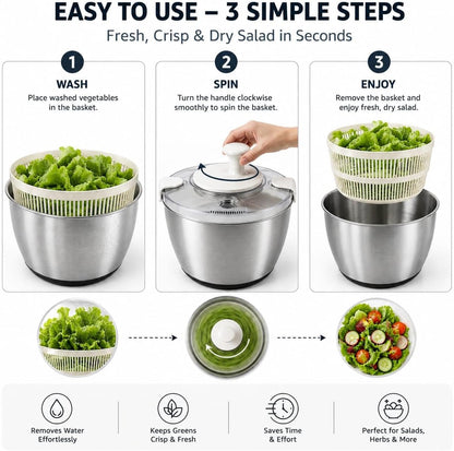 Stainless Steel Salad Spinner Large Capacity 5Qt – Hand Crank Vegetable Washer & Dryer with One-Touch Stop, Drainage Spout, Non-Slip Base – Dishwasher Safe Kitchen Tool for Lettuce & Fruit
