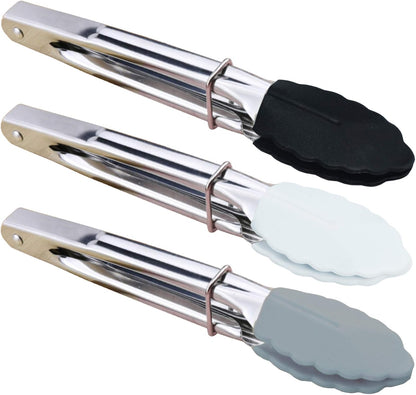 HINMAY Mini Stainless Steel Food Tongs with Silding Rings 7-Inch, Set of 6 | Small Clam Shell Service Tongs for Serving Appetizers, Desserts, Salads, Barbecue and Cooking (Silver)