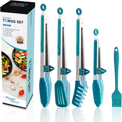 3 Pack Silicone Tongs for Cooking,Maywe Tanso 9 Inch Cooking Kitchen Tongs with Silicone Tips,Nonstick Stainless Steel Tongs for Steak Pie Pizza Pasta Spaghetti Salad BBQ Buffet