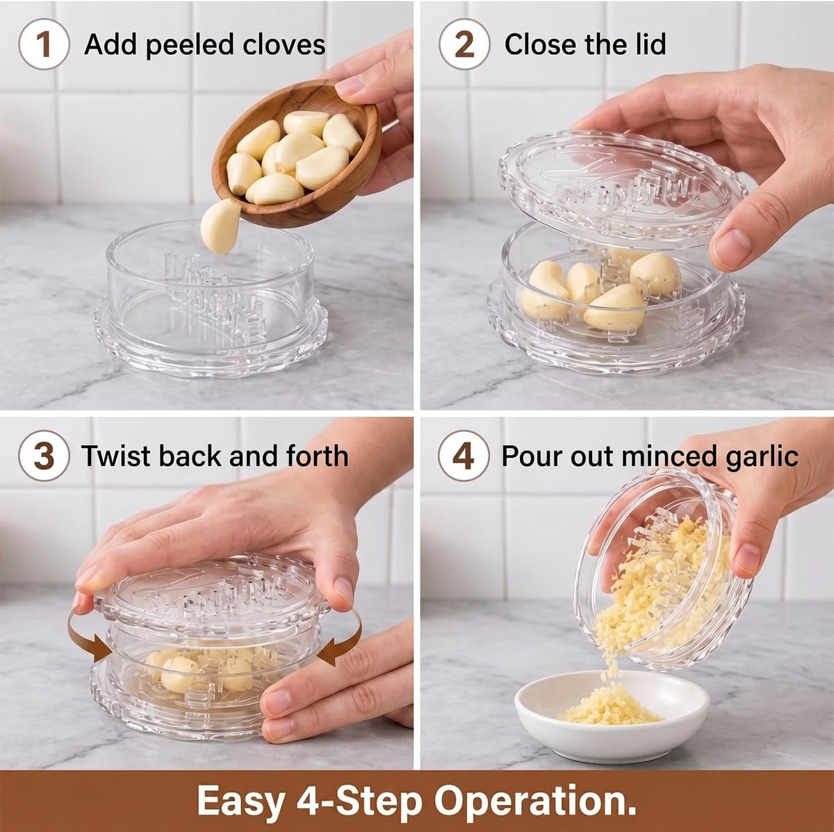 2 Pack Transparent Garlic Press, Manual Garlic Crusher and Mincer—Plastic Garlic Grinder and Chopper, rotary chopper suitable for garlic, chili peppers, compact and space-saving