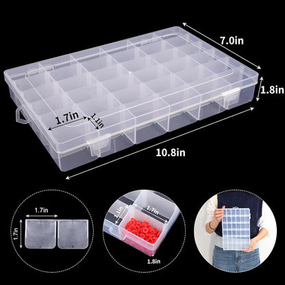 2 Pack Clear Bead Organizer Tackle Box with Adjustable Dividers for Jewelry Art Craft Containers 36 Grids Compartment with 5 Sheets Label Stickers