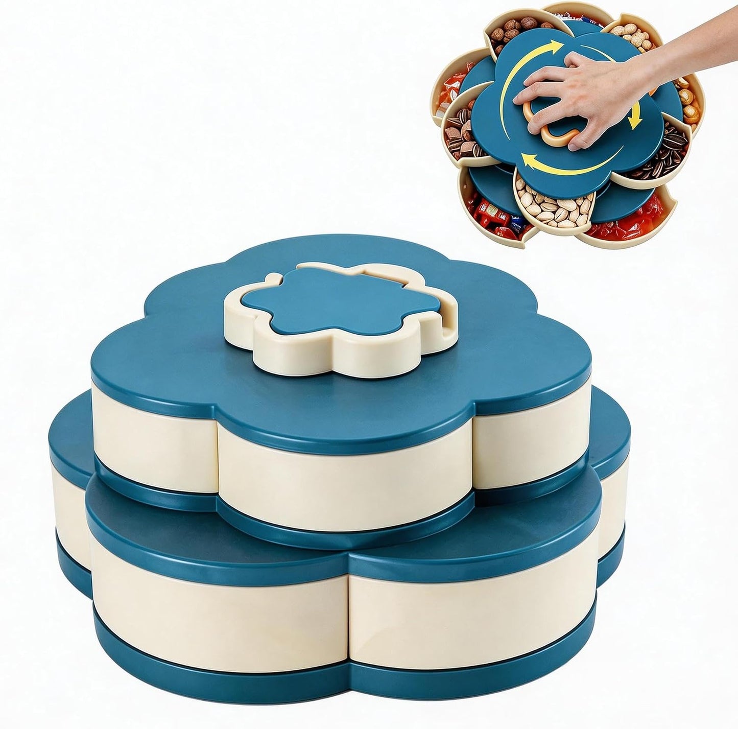Upgraded Rotating Snack Tray in 2026, 10 Separate Flower Shaped Trays, Detachable Portable Snack Box with lid, Suitable for Parties, picnics, Kitchens, Candies, Nuts (Light Blue)