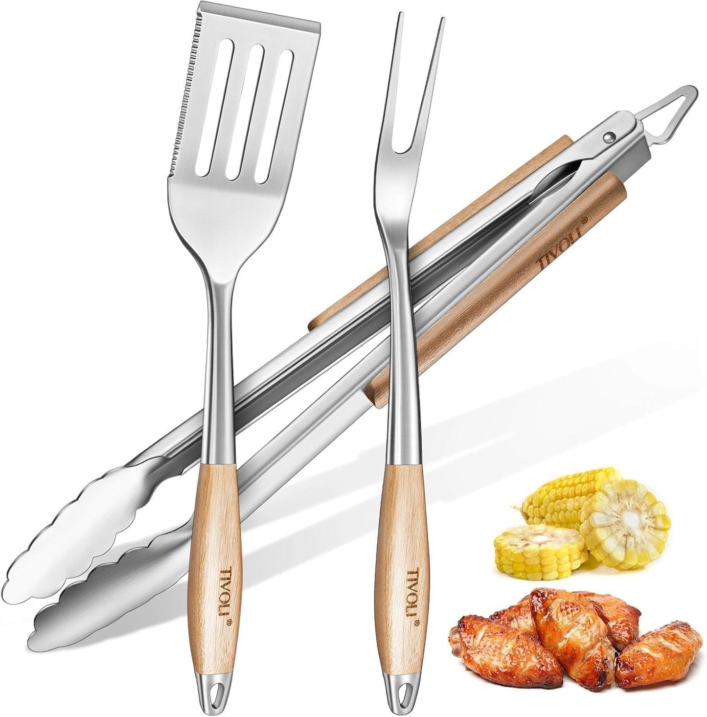 TIVOLI 4PCS Grilling Accessories, Heavy Duty BBQ Tool Set with Stainless Steel Spatula, Tongs, Fork, Cleaning Brush, Wood Handles Barbecue Utensils Kit for Outdoor, Perfect Grill Gifts for Dad Men