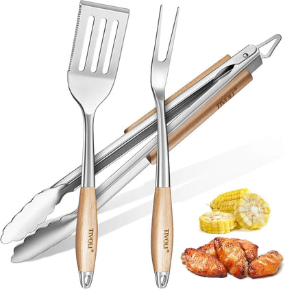 TIVOLI 4PCS Grilling Accessories, Heavy Duty BBQ Tool Set with Stainless Steel Spatula, Tongs, Fork, Cleaning Brush, Wood Handles Barbecue Utensils Kit for Outdoor, Perfect Grill Gifts for Dad Men