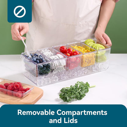 Chilled Condiment Tray Server with 5 Small Containers and Removable Compartments, Ice Chilled Condiment Organizer, Clear Garnish Serving Platter for Fruit, Salad, Food, Outdoor Events, Picnics