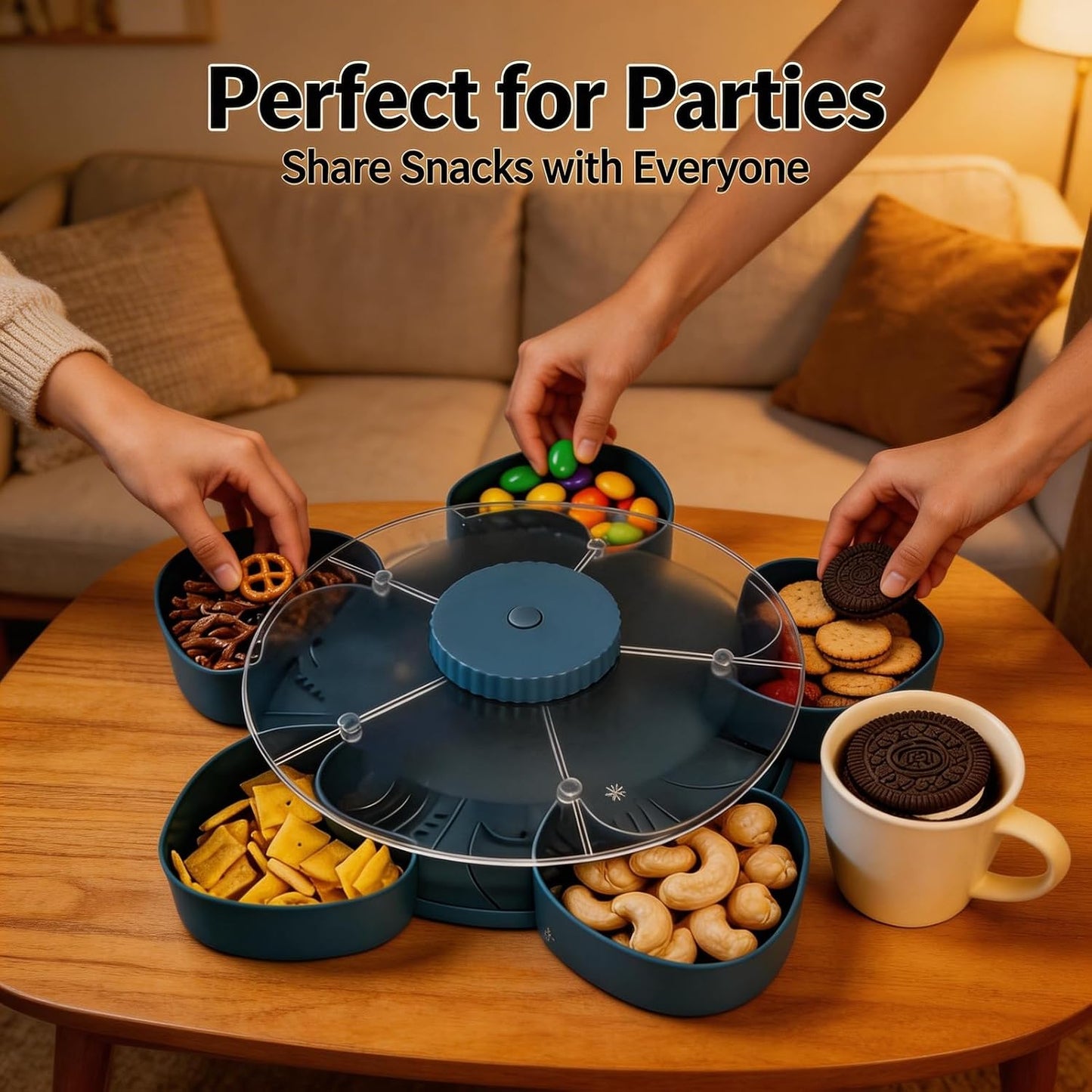 Snack Spinner with Lid, Rotating 5 Compartment Snack Tray for Fruit, Nuts, Candy and Appetizers, Divided Serving Container for Party, Family Night and Kitchen Counter (Blue)
