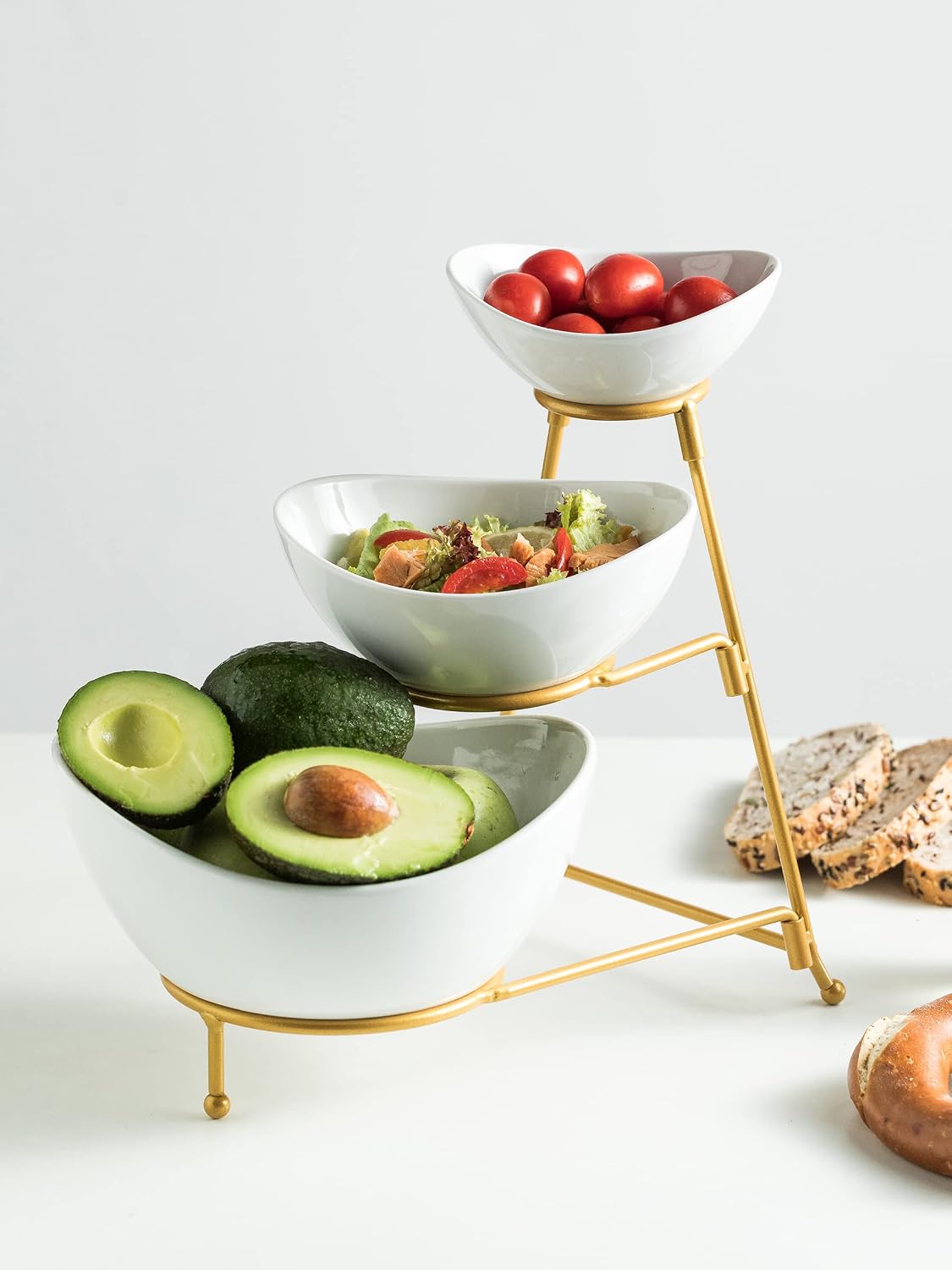 Miamolo Porcelain Serving Bowl Set for Appetizer Serving Dishes Set with 2 Compartment, Chip and Dip Taco Rack Display Salad Bar Serving Set, Gold Stand