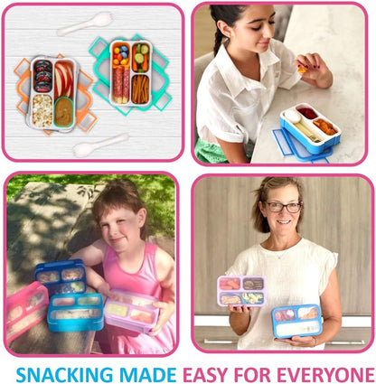 Small Snack Containers for Kids Toddlers - 3 Compartments (Set of 2) - Leak-Proof Reusable Boxes with Lids - BPA-Free Plastic Mini Bento Lunch Box - Holds 2 Cups Capacity (Pastel Blue+Teal Sparkle)