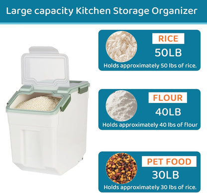 Rice Storage Container 25 lbs, Grey, 2 Pack | Airtight, with Wheels, Locking Lid, Measuring Cup Included, for Flour Sugar Grain Cereal