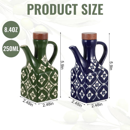 8.5 oz Ceramic Olive Oil Dispenser Bottle Decorative Olive Oil Dispenser Bottle with Handle & Wooden Stopper Relief Opaque Ceramic Oil Cruet for Kitchen Cooking Oil Vinegar (Blue)