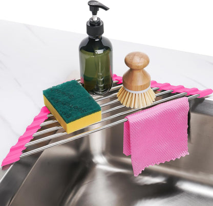 Tomorotec Foldable Stainless Steel Triangle Roll-Up Dish Drying Rack for Small Sink Corners - Over-The-Sink Multipurpose Kitchen Drainer, Rustproof Organizer, Trivet and Shelf - Space-Saving (Black)