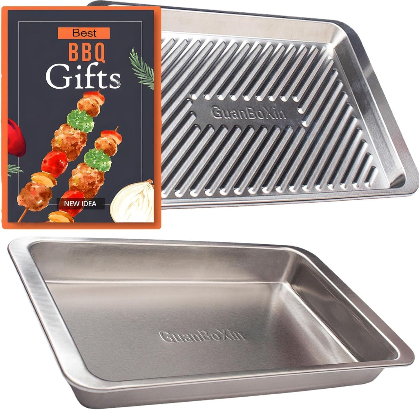Grilling Prep and Serve Trays, Set of 2 Stackable Stainless Steel BBQ Trays, Deep Marinating Container, Serving Platter for Plating Food, BBQ Prep Tub for Marinating Meats, Grill Accessories