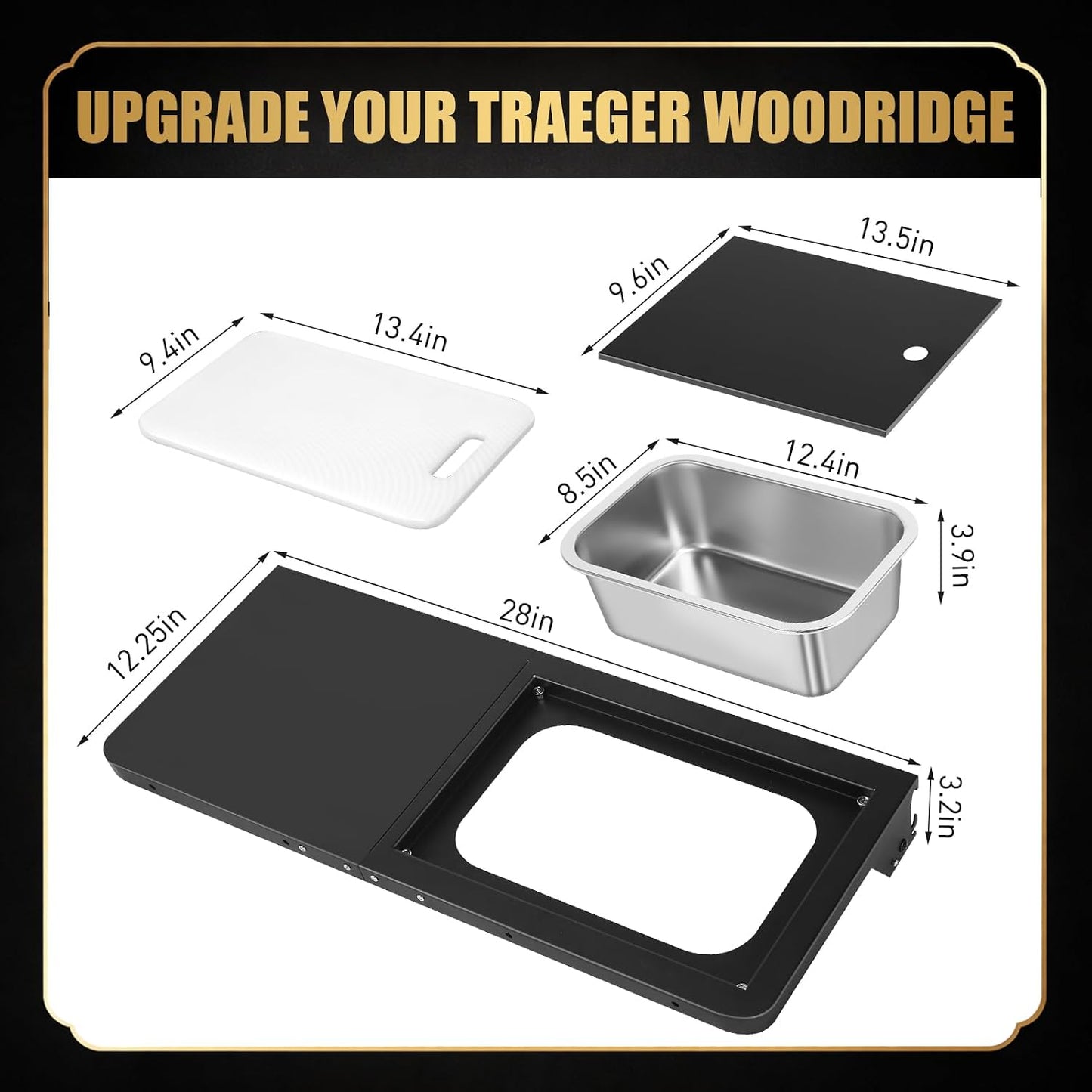 QuliMetal Folding Front Shelf for Traeger Pro 34, Texas Elite 34, Century 885 and Eastwood 34, 37" x 12" Heavy-Duty Grill Prep Table with Cutting Board, Stainless Steel Basin, Lid and 5 Hooks