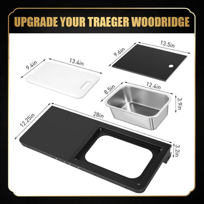 QuliMetal Folding Front Shelf for Traeger Pro 34, Texas Elite 34, Century 885 and Eastwood 34, 37" x 12" Heavy-Duty Grill Prep Table with Cutting Board, Stainless Steel Basin, Lid and 5 Hooks