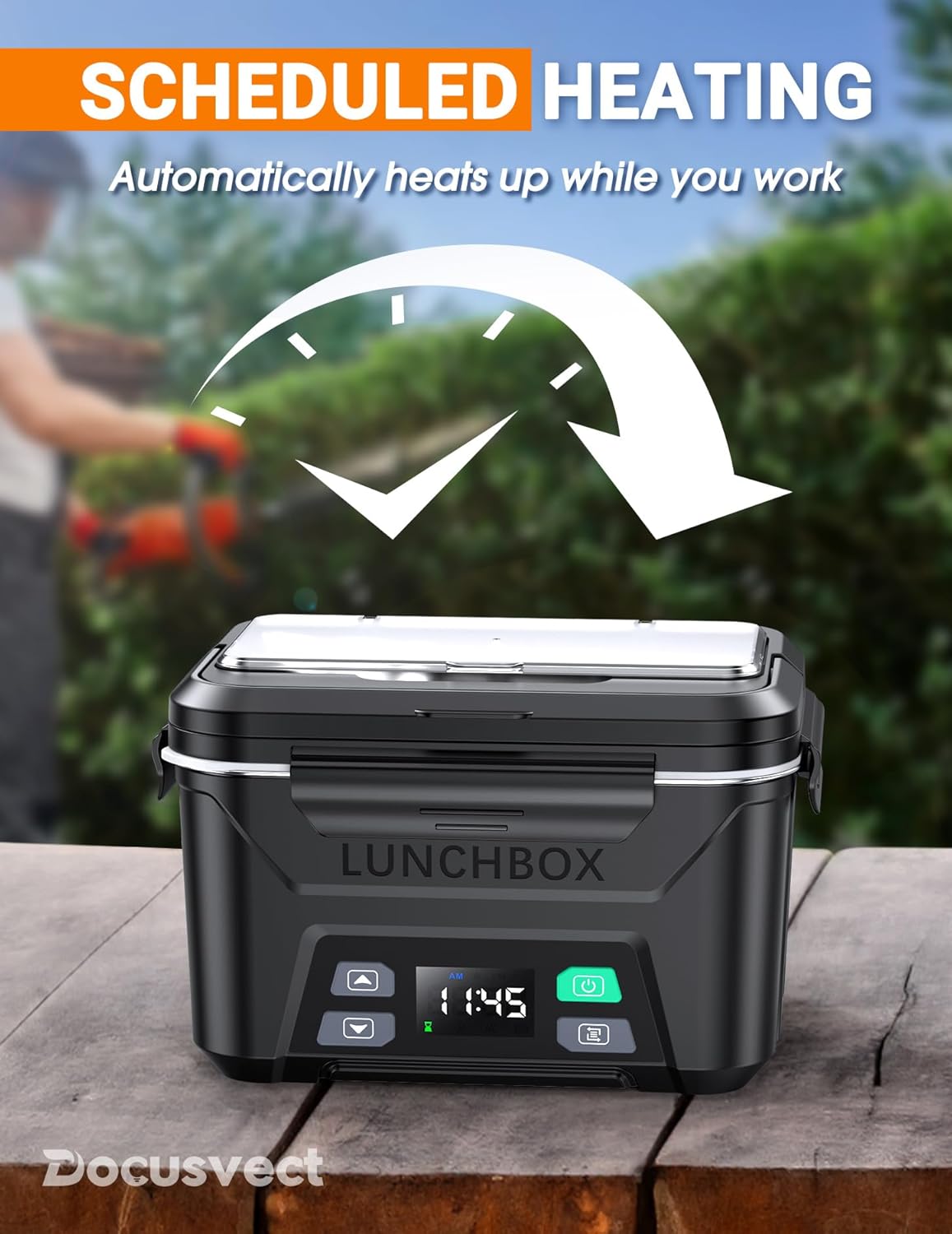 Docusvect Rechargeable Heated Lunch Box for Men, 1.3L Cordless Electric Lunch Box for Adults with Smart Scheduled Heating, Portable Food Warmer with Complete Accessories