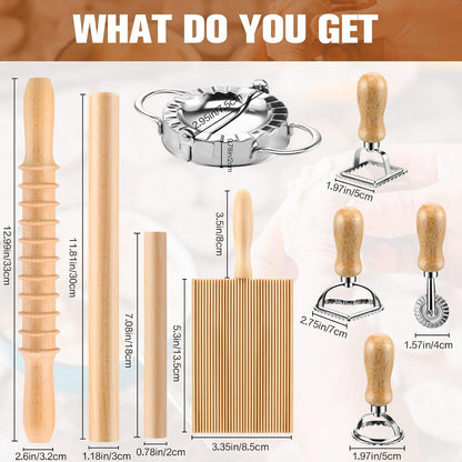 9 Pcs Gnocchi Pasta Making Tools kit - Gnocchi Board, Pasta Cutter, Ravioli Stamp, Wood Threaded Pasta Roller Pin Set, Noodle and Dumplings Maker, Homemade Kitchen Gift for Pasta Lovers