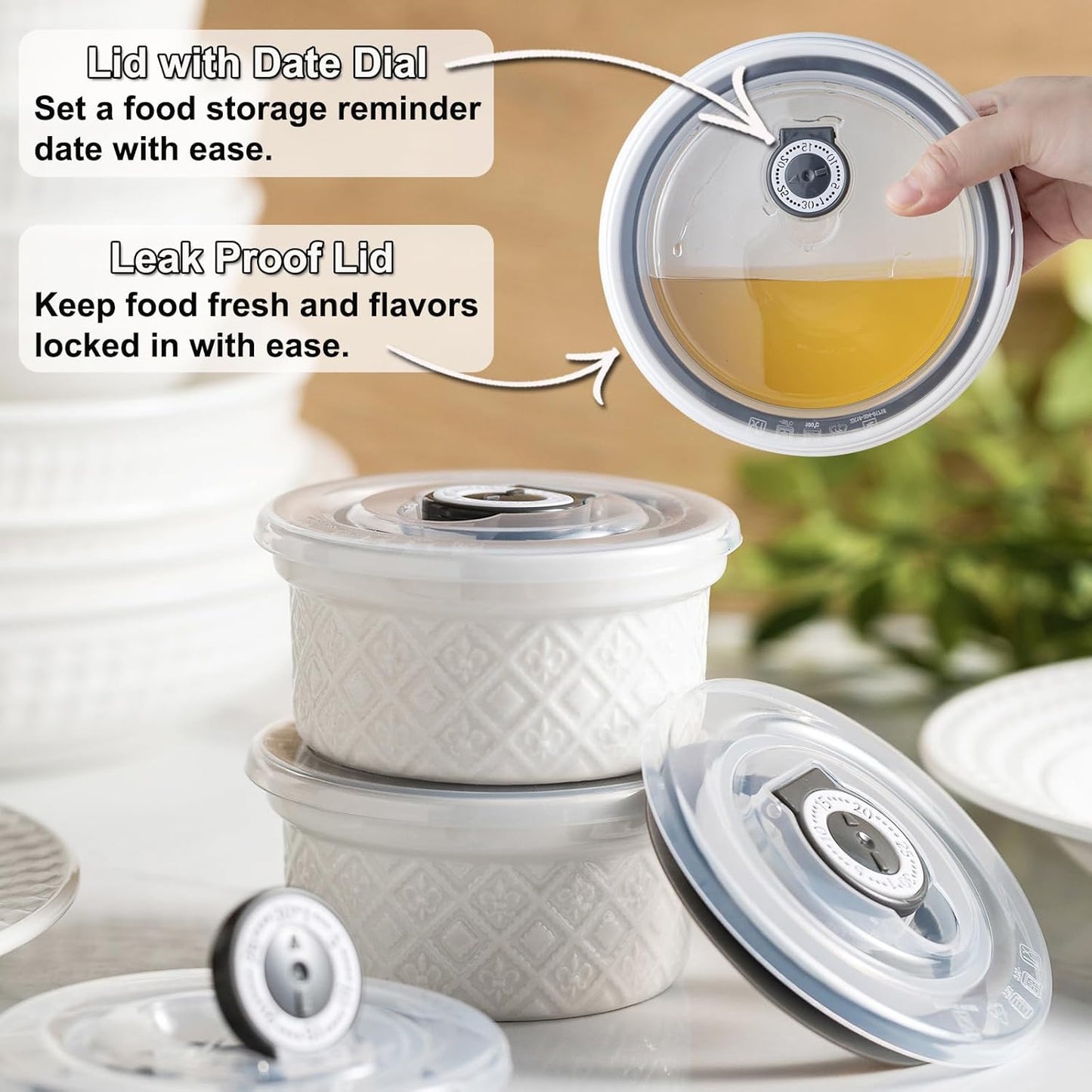 Airtight Food Storage Containers with Lids Mixing Bowls Set, Ceramic Serving Bowls with Lids Set of 4, 12/16/28/40 oz Stackable Nesting Salad Bowls for Cooking, Baking, Ramen - Beige