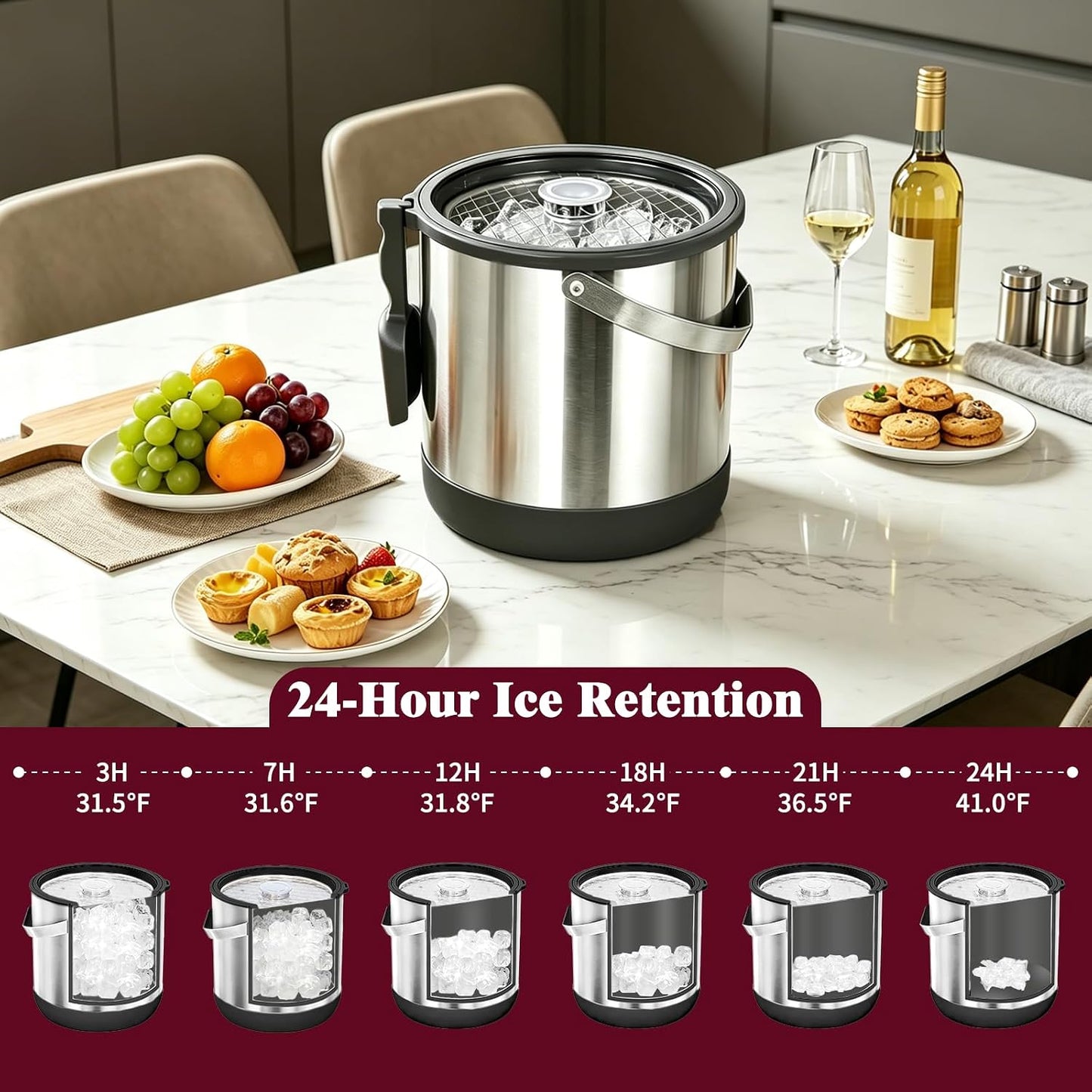 6.8L/7QT Insulated Ice Bucket with Lid & Scoop,Double-Wall Ice Bucket for Parties,Cocktail Bar(White)