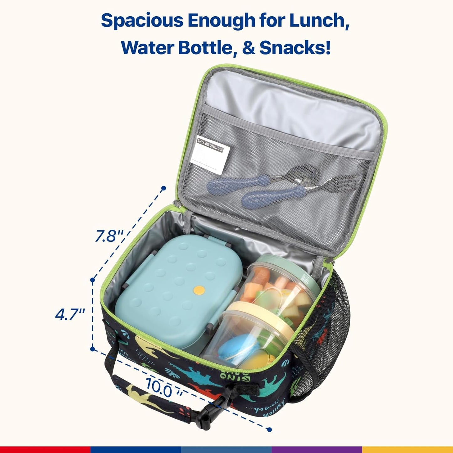 Bagseri Kids Lunch Bag Boys - Thermal Insulated Lunch Box Tote with Water Bottle Holder, Reusable Leak-Proof Kids Lunch Box for Daycare & School, Black Dinosaur (Containers Not Included)