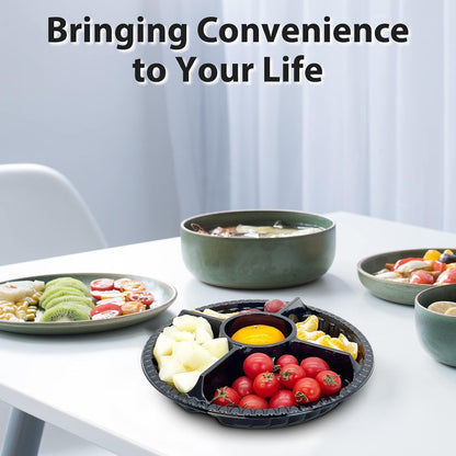 12Pcs Disposable Fruit Trays, Round Plastic Appetizer Serving Tray with Lid 5 Compartment Party Platters Divided Food Dip Containers for Snack Vegetable Salad Veggie Fruit Organizer-Black