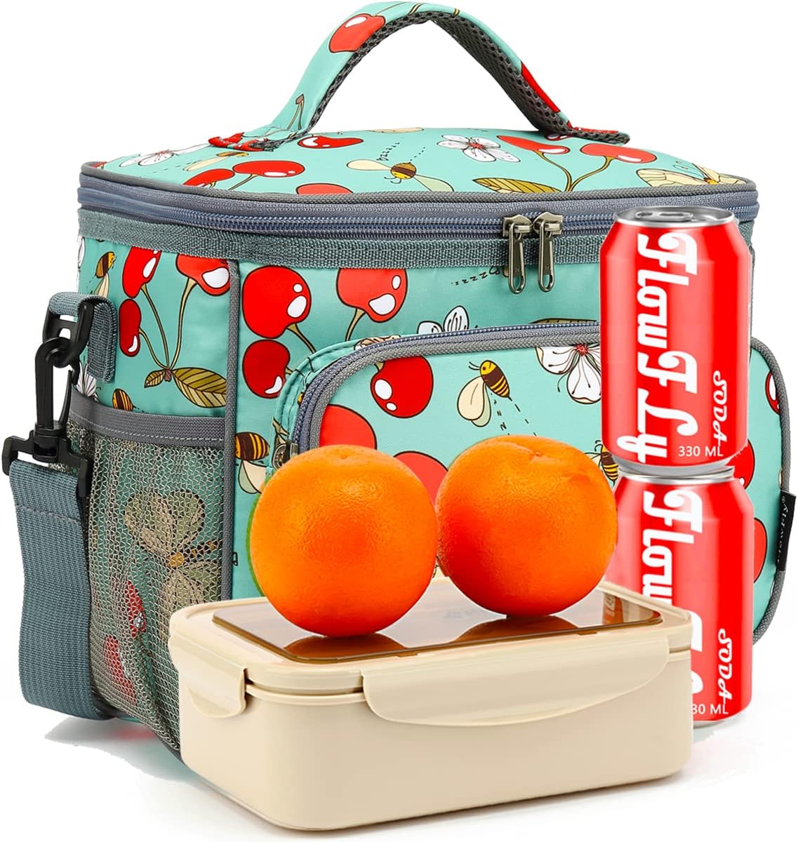 FlowFly Insulated Reusable Lunch Bag Adult Large Lunch Box for Women and Men with Adjustable Shoulder Strap,Front Zipper Pocket and Dual Large Mesh Side Pockets,Cherry - Colors A