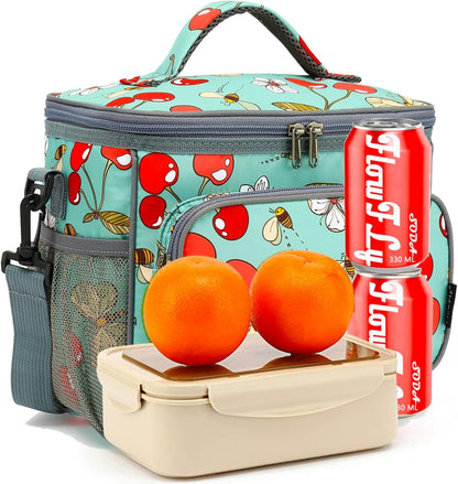 FlowFly Insulated Reusable Lunch Bag Adult Large Lunch Box for Women and Men with Adjustable Shoulder Strap,Front Zipper Pocket and Dual Large Mesh Side Pockets,Cherry - Colors A