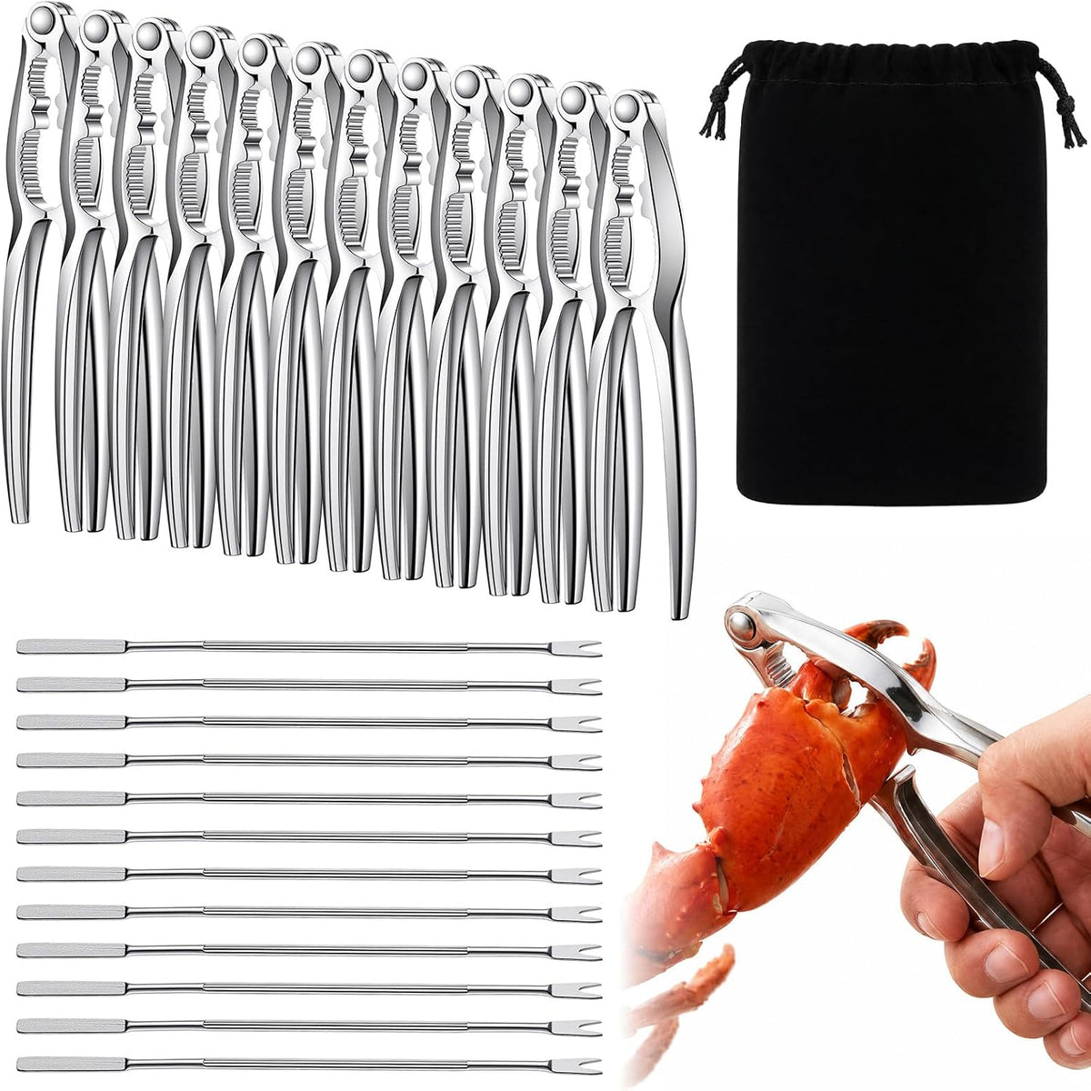 24 Pcs Crab Crackers And Tools Set, 12 Crab Leg Cracker Tool With 12 Stainless Steel Forks, Heavy Duty Seafood Nut Crackers For Lobster, Shrimp, Seafood Boil Party Supplies, Dishwasher Safe