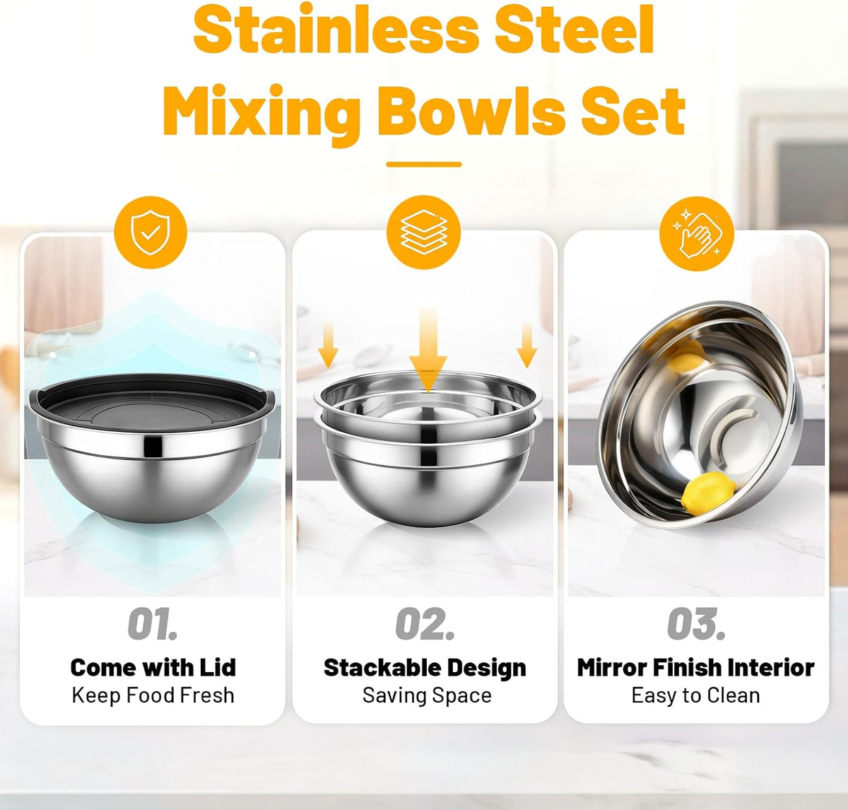 Beasea Stainless Steel Mixing Bowls, 5 Pack 1.5 QT Stackable Nesting Mixing Bowls with Airtight Lids, Metal Bowl with Lid for Baking, Meal Prepping, Salad, Serving, Food Storing