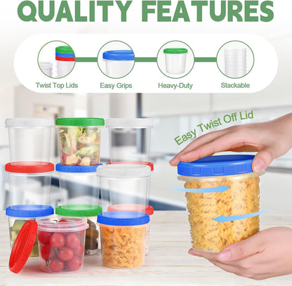 Freezer Storage Containers, 16 Pack 10 oz Plastic Food Storage Containers with Twist Top Lids, Meal Prep Containers for Soup Snack Fruit, BPA Free, Leakproof, Microwave & Dishwasher Safe