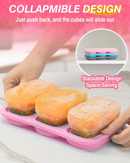 Silicone Freezer Trays With Lid, Stackable 1 Cup Silicone Freezer Molds, Easy To Use Soup Ice Cube Tray, Collapsible Freezing Molds for Meal Prep, Broth, Sauce, Leftovers, Soup Storage Gift Set