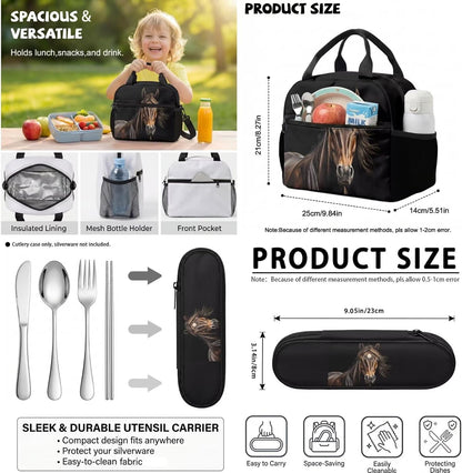 Highland Cow Backpack with Lunch Box Set for Kids Sunflower School Backpack for Girls Boys Back to School Bag Student Travel Backpacks Reusable Utensils Pen Case Water Bottle Bag 5PCS
