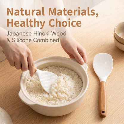 Standing Silicone Rice Scooper, Non Stick Rice-Cooking Spoon Paddle Heat Resistant Rice Spatula with Wooden Handle for Kitchen Cooking, Mixing, Scoop, Scrape, Beige
