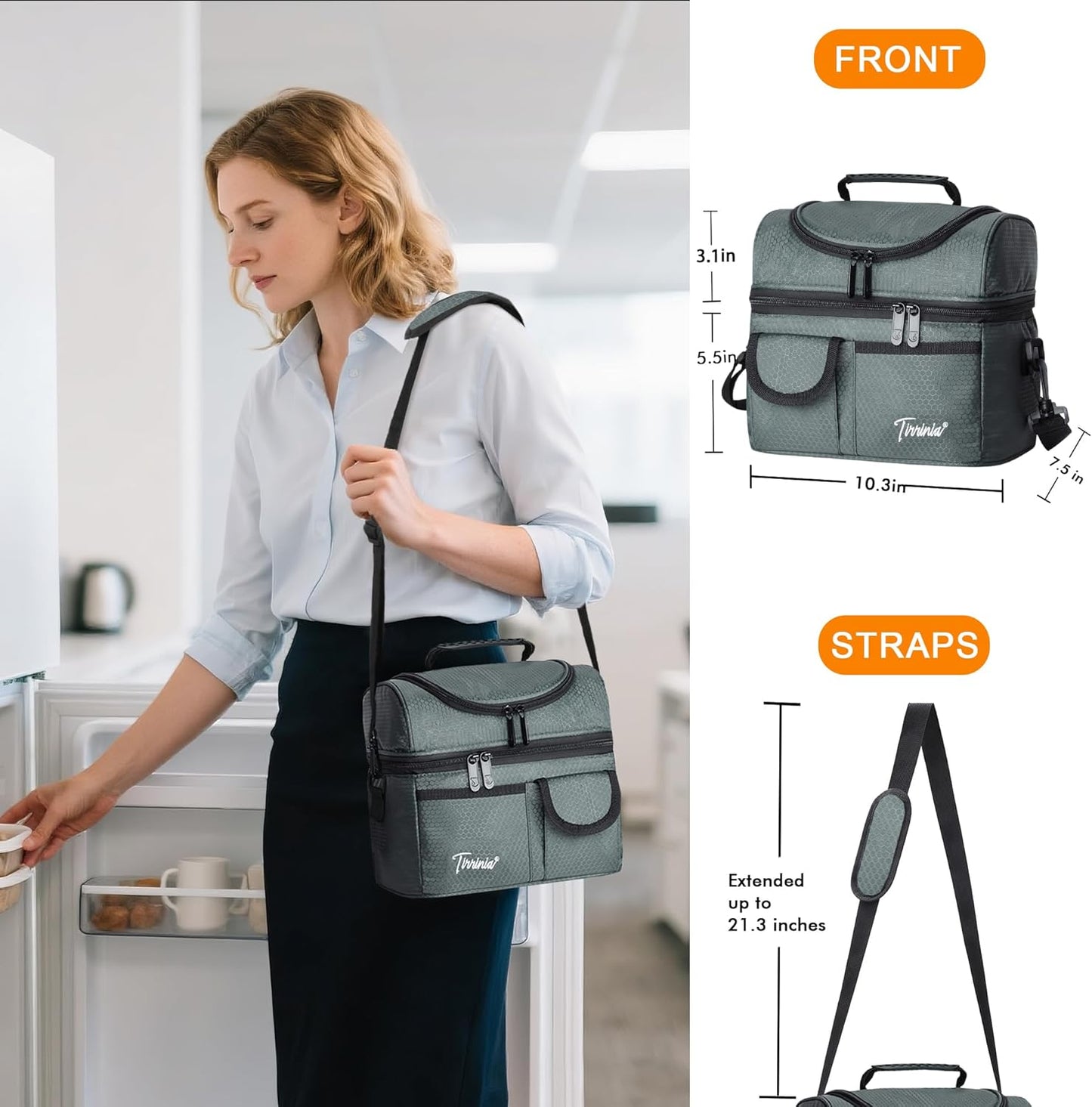 Tirrinia Reusable Lunch Box for Men Women, Insulated Lunch Bag Adult Work, Double Decker Leakproof Lunchbox for Office Picnic Beach—Dual Compartment Lunch Cooler Bag