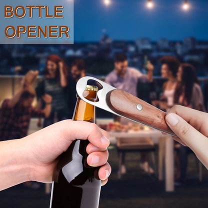 1 PCS Stainless Steel BBQ Grill Scraper,Wooden Handle Metal Barbecue Grill Grate Cleaner,Adjustable Brush Head,Grill Cleaner Tool Grill Scraper with Bottle Opener Works with Most Grill Grates