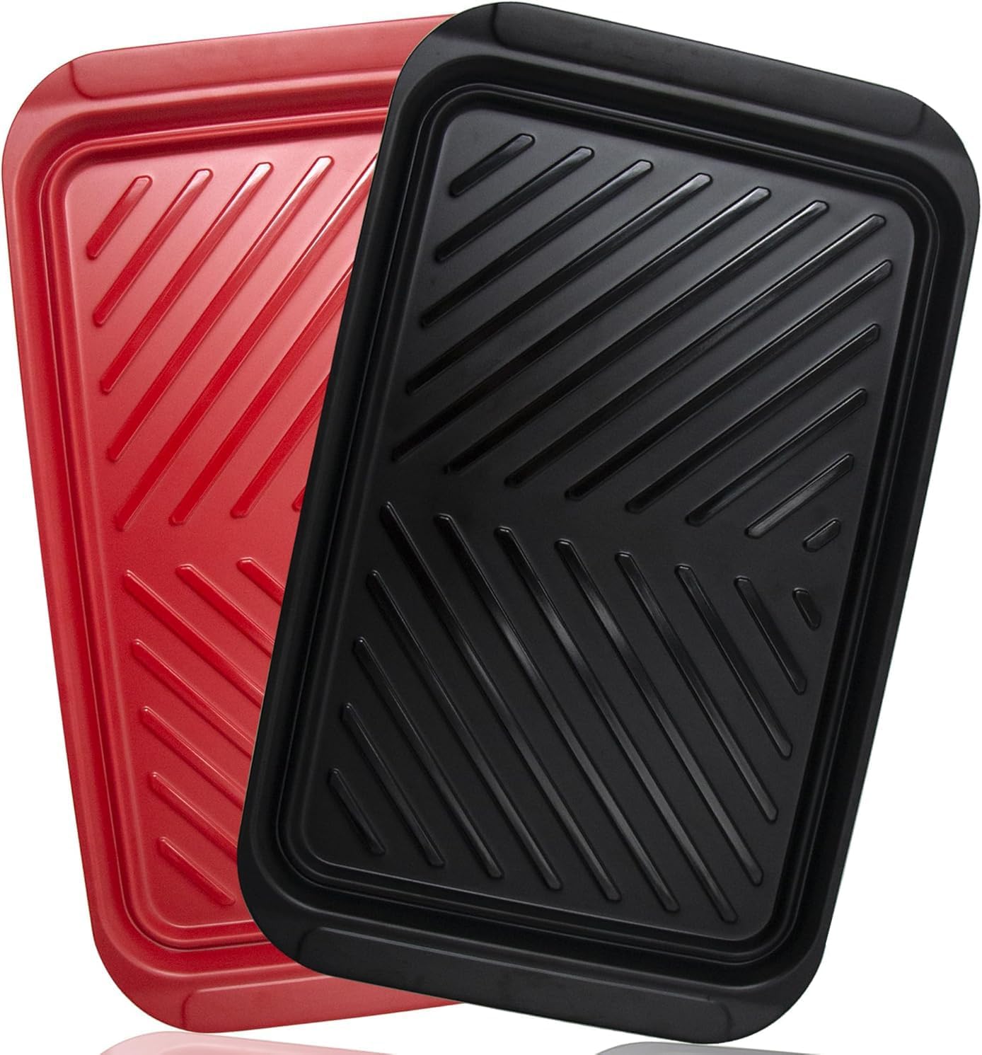 ECOIOU Large Grilling Prep and Serve Trays, 17" x 10.5" x 1.2" BBQ Platters for Raw and Cooked Food, Melamine Serving Trays for Food, Set of 2, Black and Red, Cleaning Pack Included
