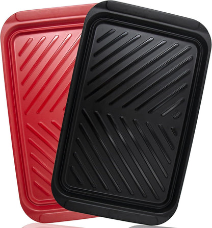 ECOIOU Large Grilling Prep and Serve Trays, 17" x 10.5" x 1.2" BBQ Platters for Raw and Cooked Food, Melamine Serving Trays for Food, Set of 2, Black and Red, Cleaning Pack Included
