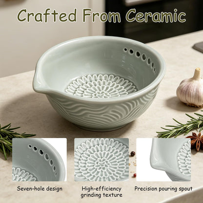 Grater Plate, 3 in 1 Handmade Tool Ceramic Bowl with Herb Stripper (Gray)