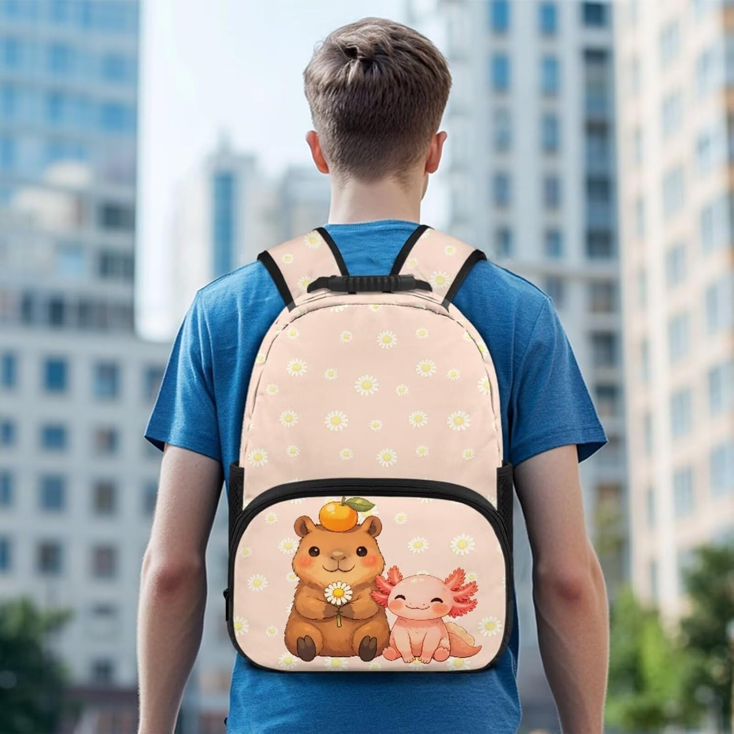 Cute Capybara Pizza Backpack for Girls, 5 Pcs Boys School Bag Set for Kids, 17 Inch Backpacks Lunch Pencil Box Reusable Utensils Case Set for Middle Elementary School, 3rd Grade Backpack