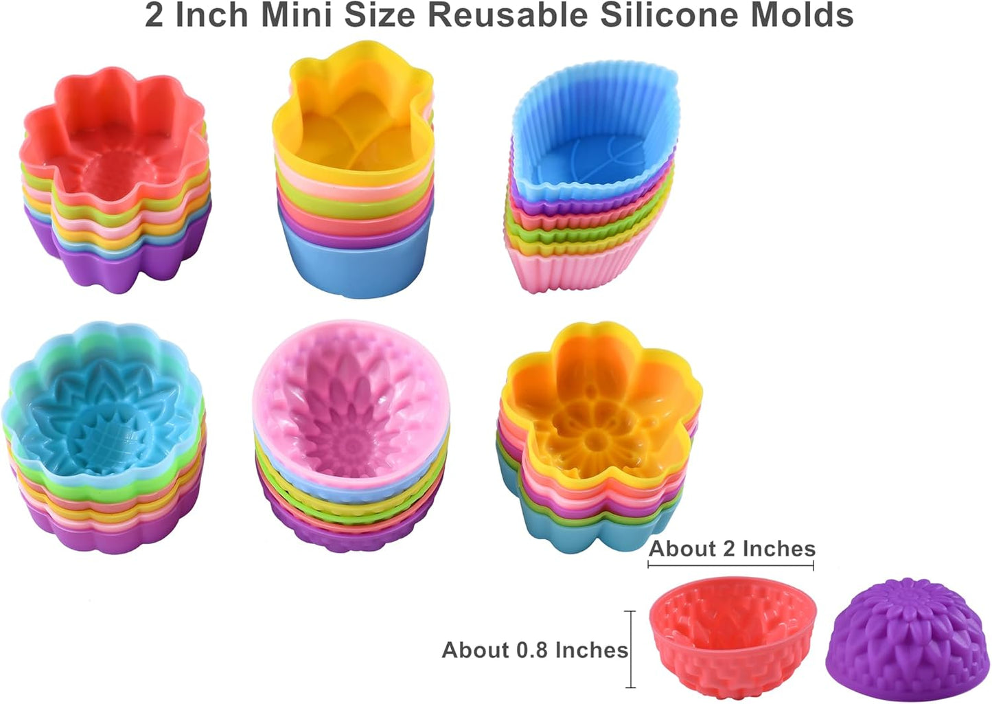 36Pcs Silicone Cupcake Liners, Multi Flower Shapes Baking Cups, 2 Inch Mini Size Reusable Silicone Molds