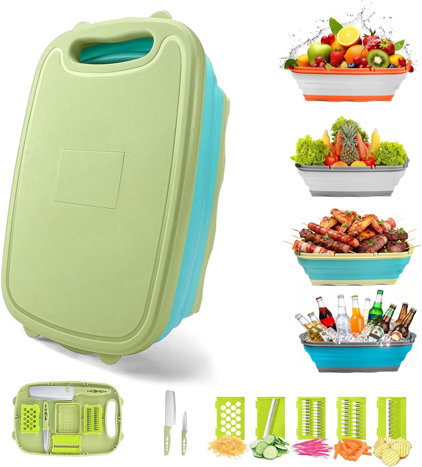 Gintan Collapsible Camping Cutting Board, 9-in-1 Chopping Board with Colander, Kitchen Vegetable Washing Basket for Camping, Camping Gifts Camping Accessories for RV Campers (Blue+Grey)