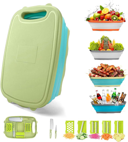 Gintan Collapsible Camping Cutting Board, 9-in-1 Chopping Board with Colander, Kitchen Vegetable Washing Basket for Camping, Camping Gifts Camping Accessories for RV Campers (Blue+Grey)
