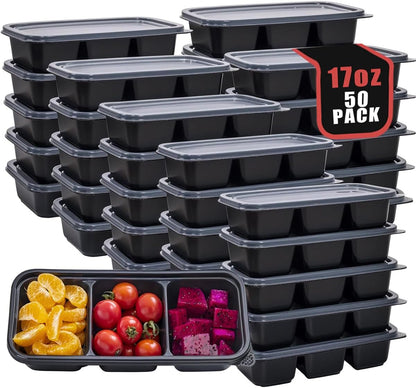 WDF 50 Pack Small Meal Prep Containers 3 Compartments with Lids - Disposable Snack Box Container - Disposable Bento Boxes - Reusable Travel Lunch Boxes for New Year/Office/Picnic/Microwave Safe